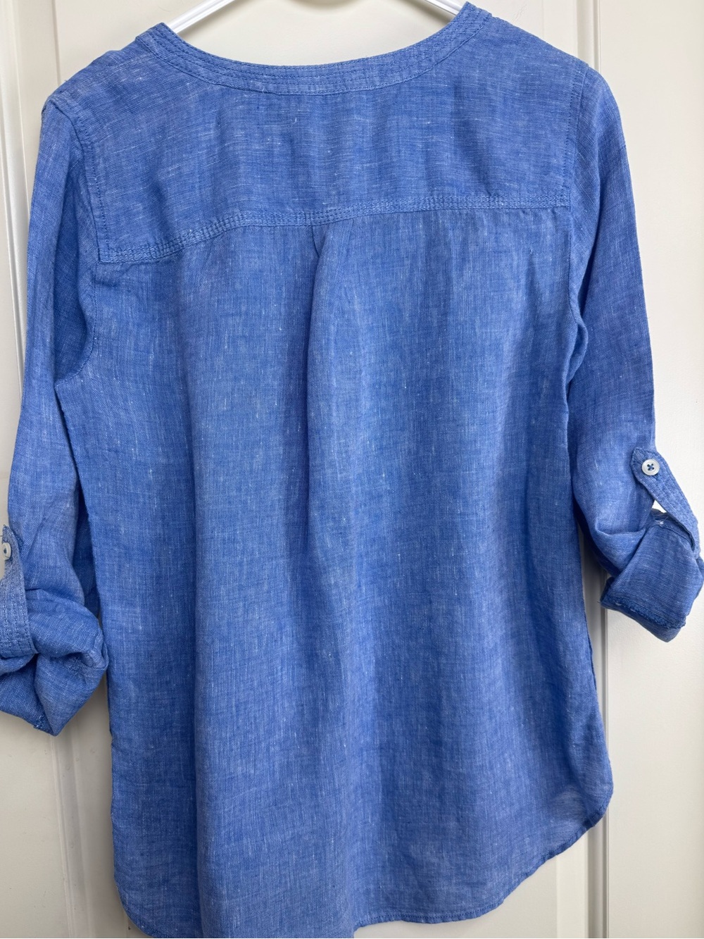 Talbots Petite P 100% Linen Blue Popover Tunic Roll Tab Side Button - Picture 2 of 5